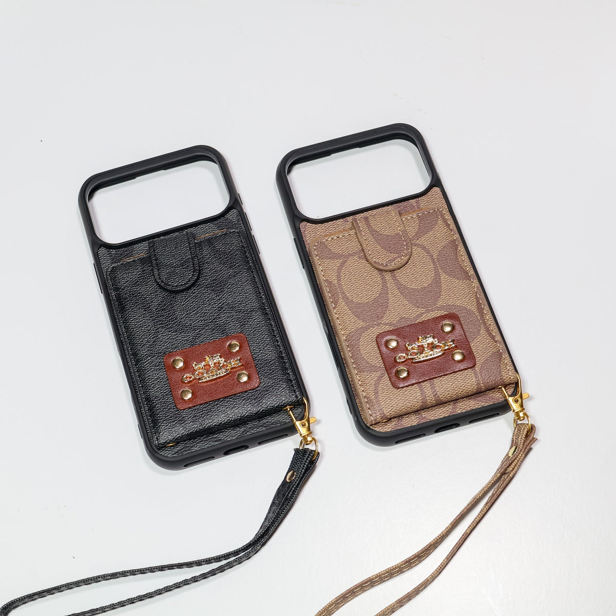 Luxury Monogram Card Holder Phone Case with Strap for iPhone 12-18 Pro & Pro Max