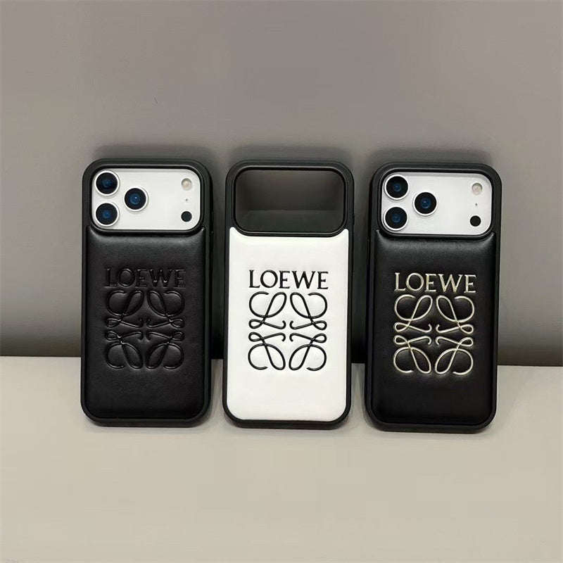 Luxury Loewe-Inspired Leather iPhone Case with Embossed Anagram Logo for iPhone 13-18 Pro & Pro Max