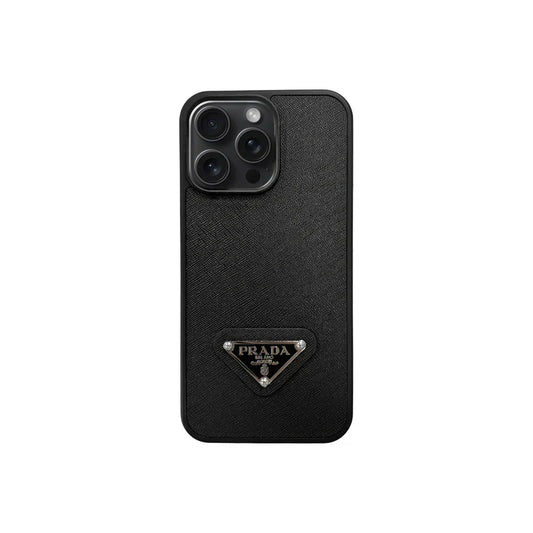 Premium Saffiano Leather Case with Metallic Badge for iPhone 12-18 Pro & Pro Max