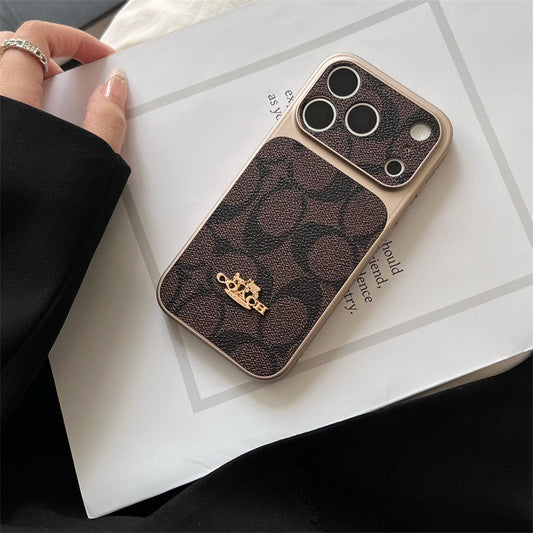 Premium Embossed Leather Phone Case with Gold Emblem for iPhone 13-18 Pro & Pro Max