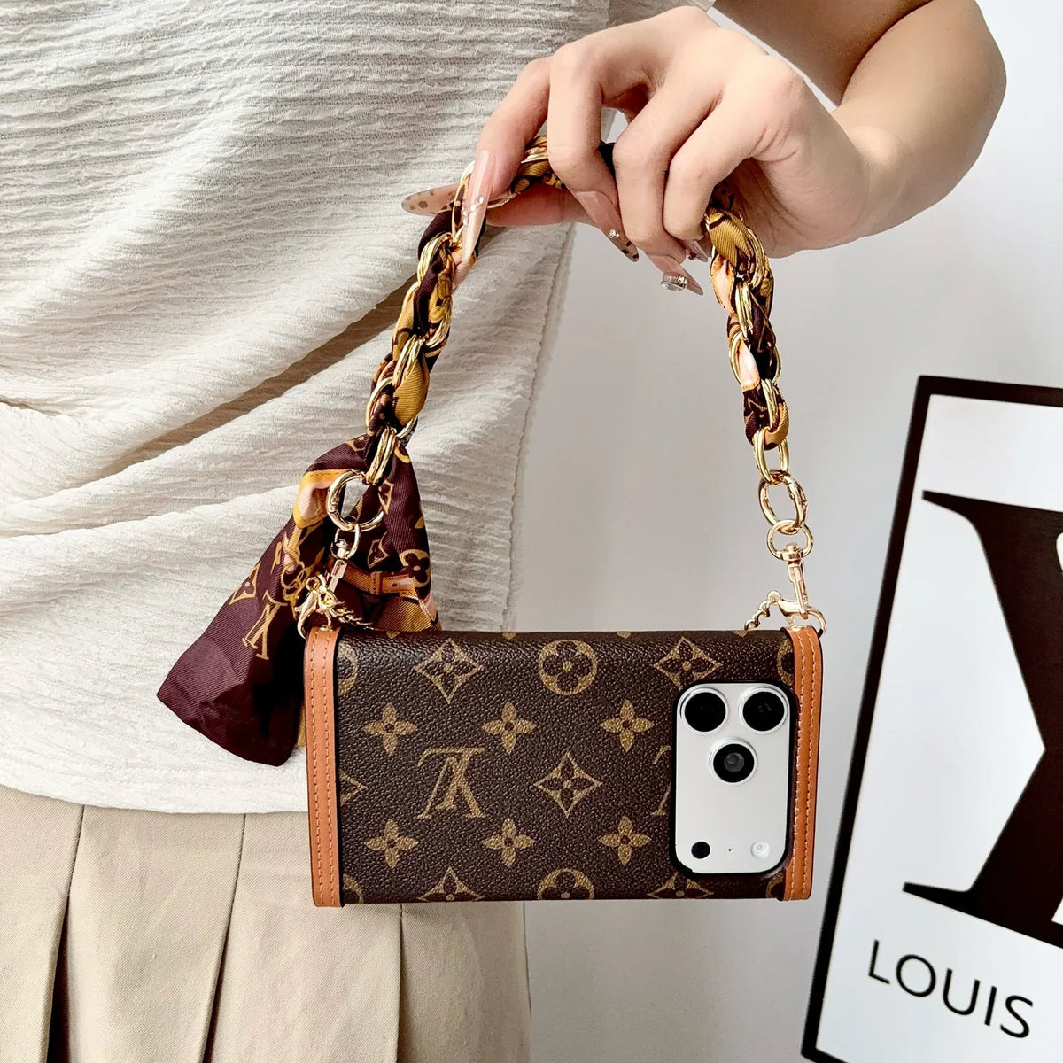 Luxury Leather LV Phone Case with Flip Wallet and Chain For iPhone 12-18 Pro & Pro Max