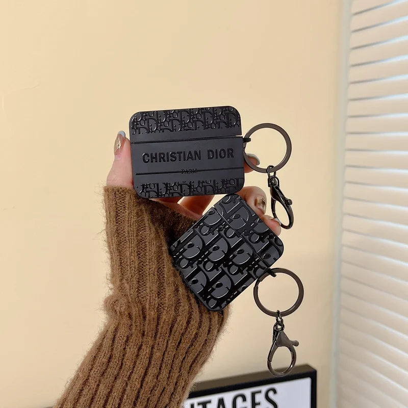 Dior-Inspired Matte Oblique Monogram Case with Keychain for AirPods Series