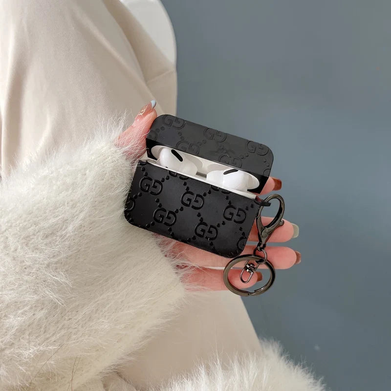 Gucci-Inspired Matte Black GG Monogram Case with Keychain for AirPods Series
