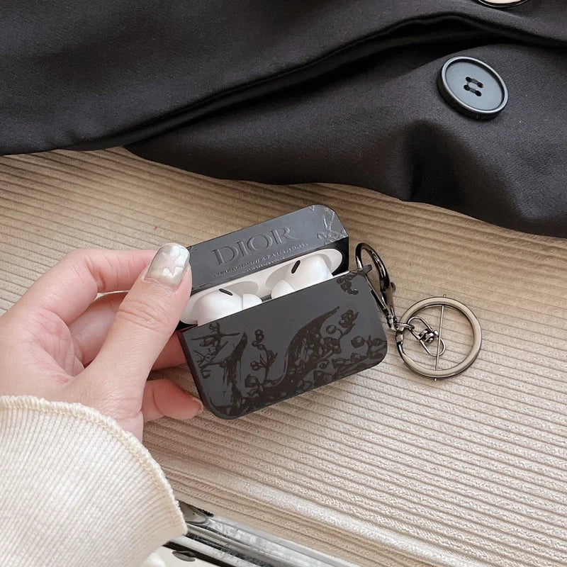 Dior-Inspired Matte Floral Embossed Case with Keychain for AirPods Series