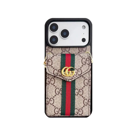 GG Classic Leather Card Holder Case with Strap for iPhone 12-18 Pro & Pro Max