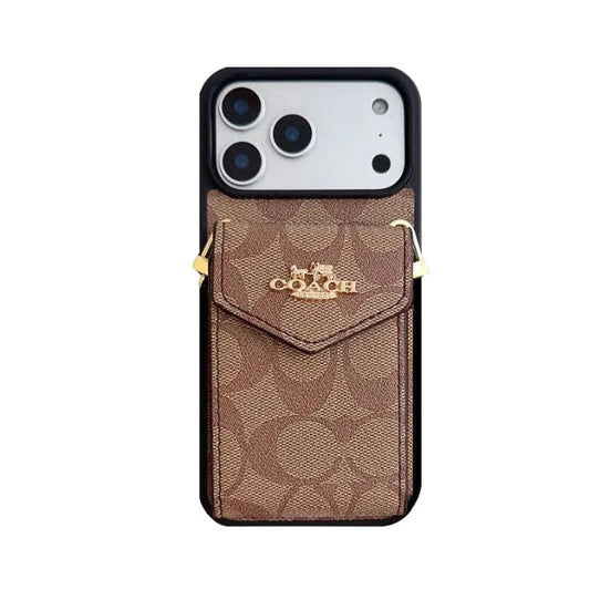 Leather Coach iPhone Case with Card Holder and Strap for iPhone 12-18 Pro & Pro Max