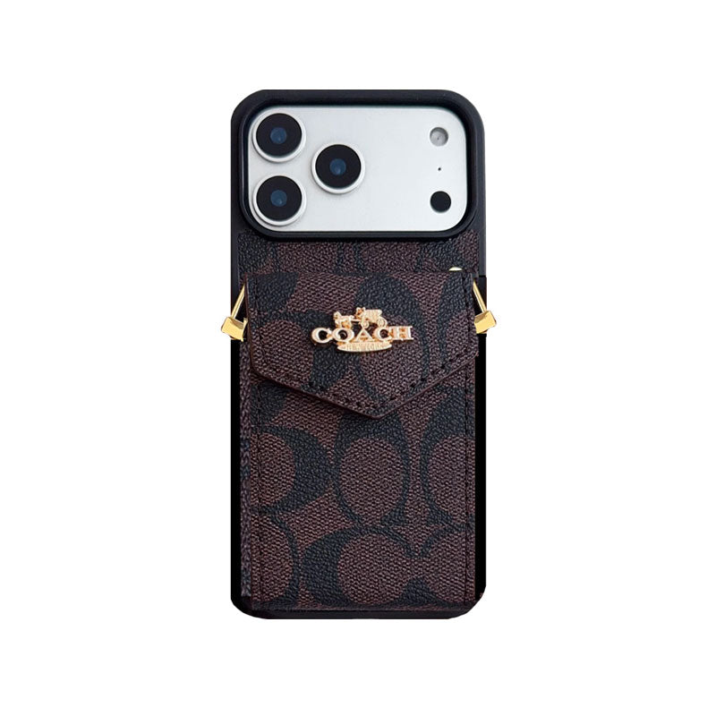 Leather Coach iPhone Case with Card Holder and Strap for iPhone 12-18 Pro & Pro Max