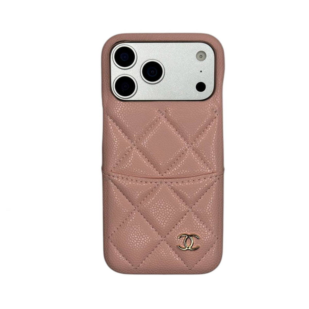 CHN Quilted Caviar Leather Case with Metal CC Emblem for iPhone 13-18 Pro & Pro Max