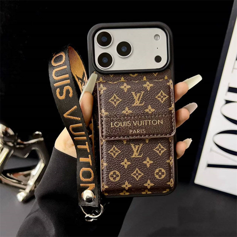 Front view of LV leather iPhone case with card slot