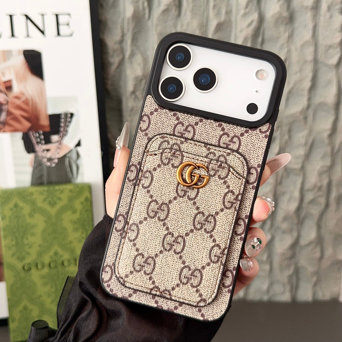 GG Supreme Canvas Card Holder Leather Case for iPhone 12-18 Pro & Pro Max