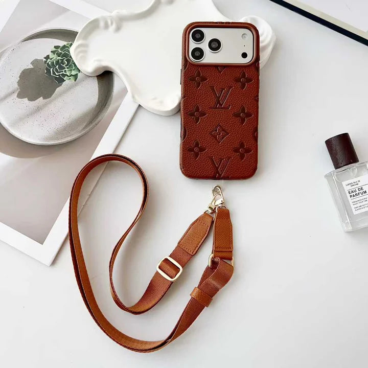 Luxury LV Leather Case with Designer Crossbody Strap for iPhone 13-18 Pro & Pro Max