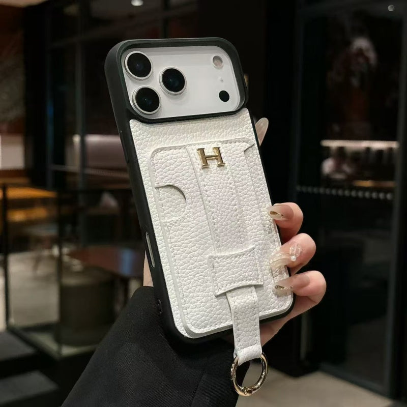 HRM Pebbled Leather Case with Pull-Tab Strap & Ring for iPhone 12-18 Pro & Pro Max