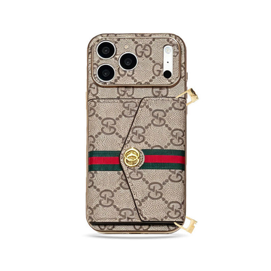 Elegant GG Leather Case with Card Wallet & Strap for iPhone 12-18 Pro & Pro Max