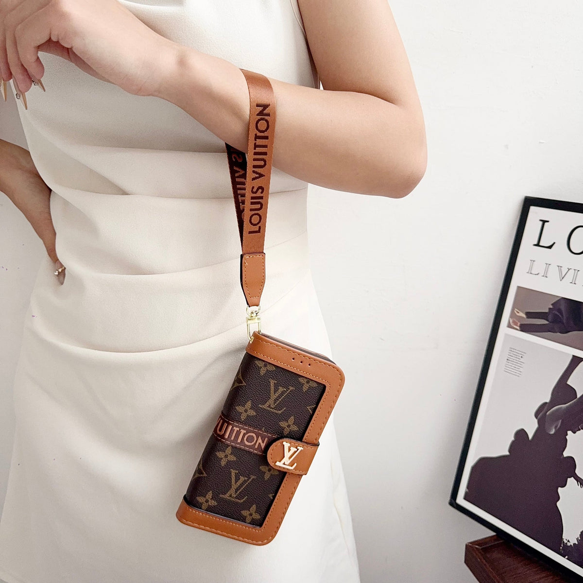 Leather Flip Monogram iPhone Case With Card Holder And Strap For iPhone 12-18 Pro & Pro Max