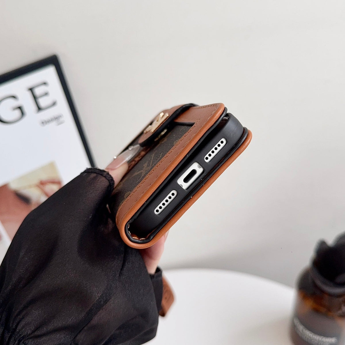 Leather Flip Monogram iPhone Case With Card Holder And Strap For iPhone 12-18 Pro & Pro Max
