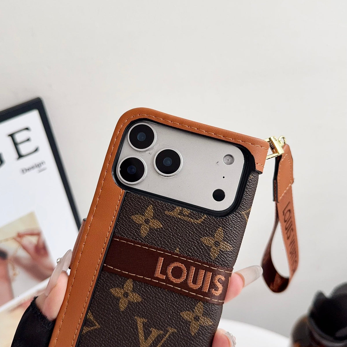 Leather Flip Monogram iPhone Case With Card Holder And Strap For iPhone 12-18 Pro & Pro Max