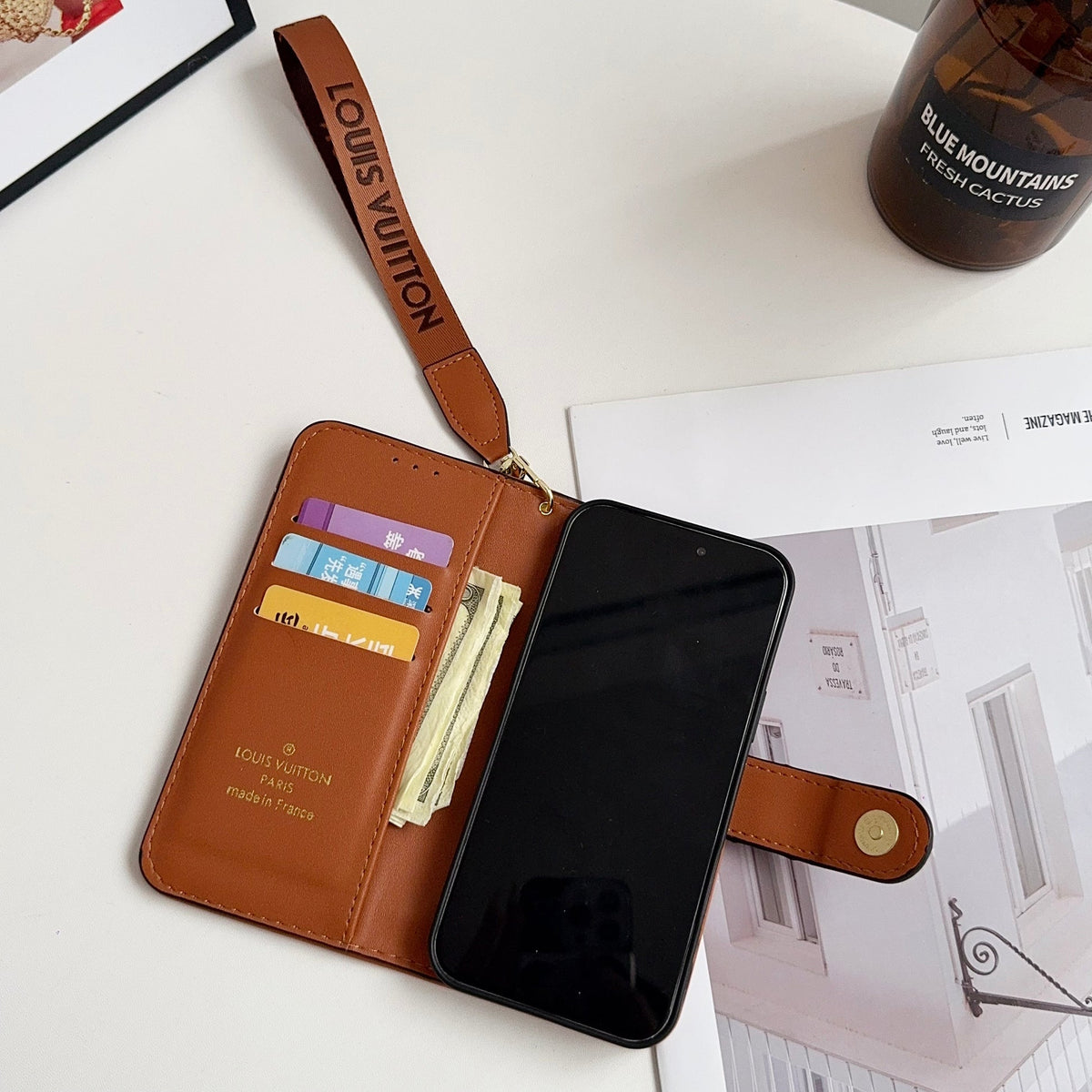 Leather Flip Monogram iPhone Case With Card Holder And Strap For iPhone 12-18 Pro & Pro Max