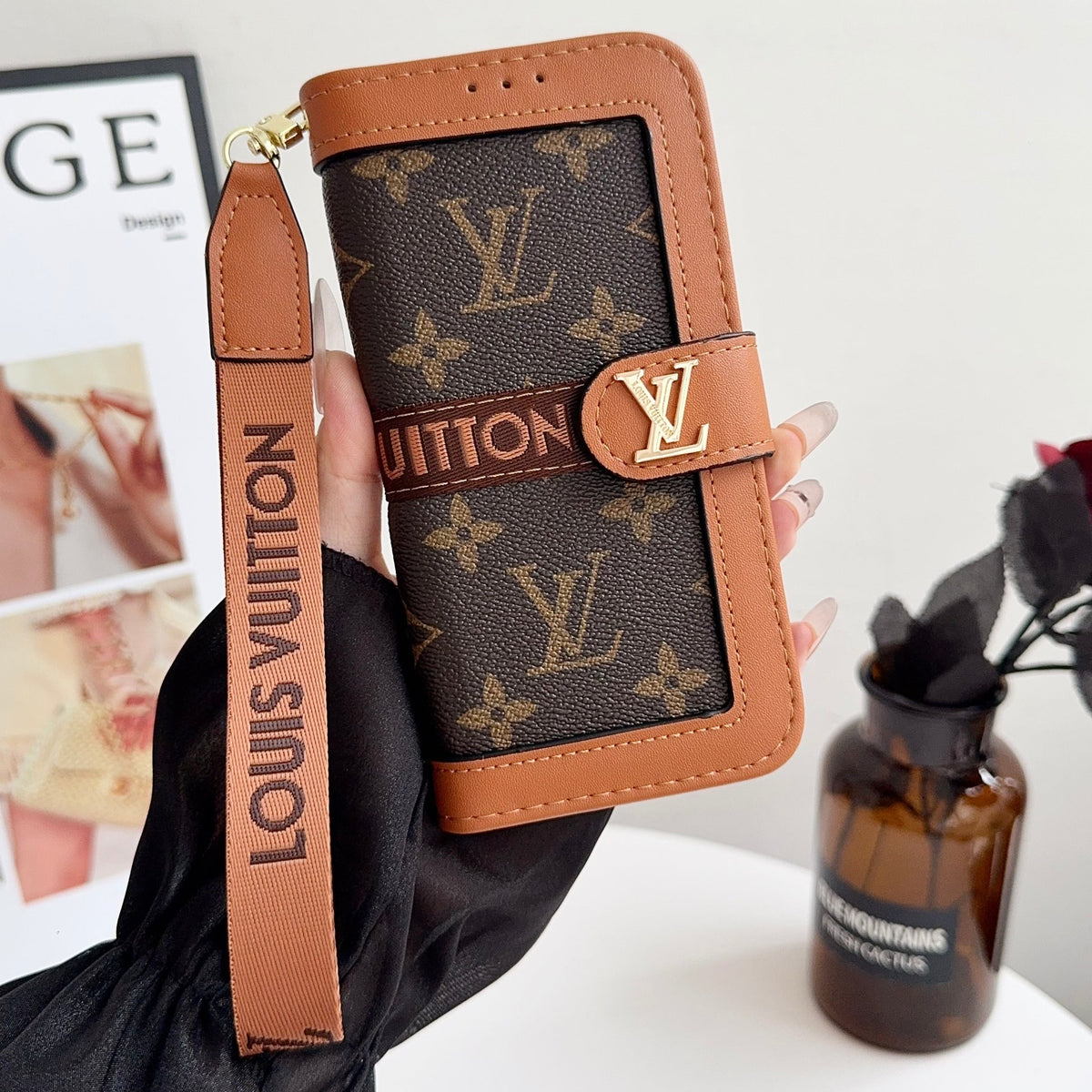 Leather Flip Monogram iPhone Case With Card Holder And Strap For iPhone 12-18 Pro & Pro Max