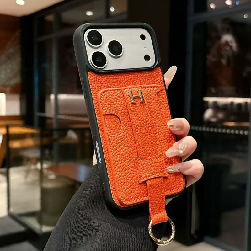 HRM Pebbled Leather Case with Pull-Tab Strap & Ring for iPhone 12-18 Pro & Pro Max