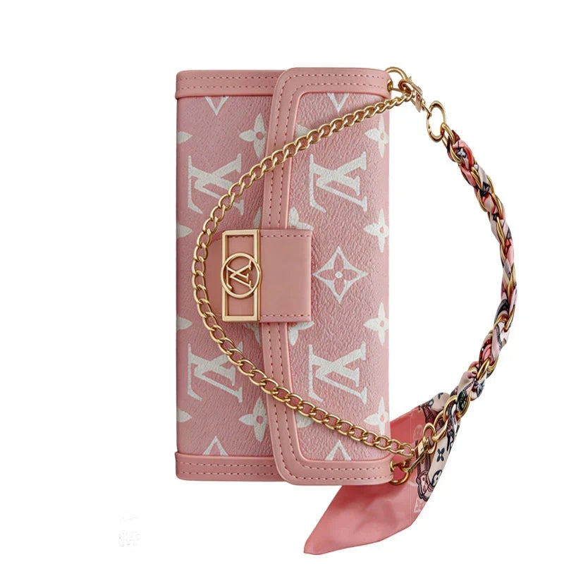 Luxury Leather LV Phone Case with Flip Wallet and Chain For iPhone 12-18 Pro & Pro Max