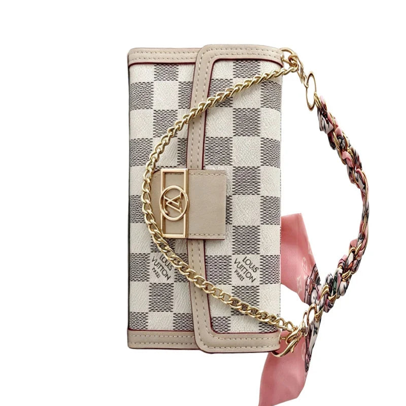 Luxury Leather LV Phone Case with Flip Wallet and Chain For iPhone 12-18 Pro & Pro Max