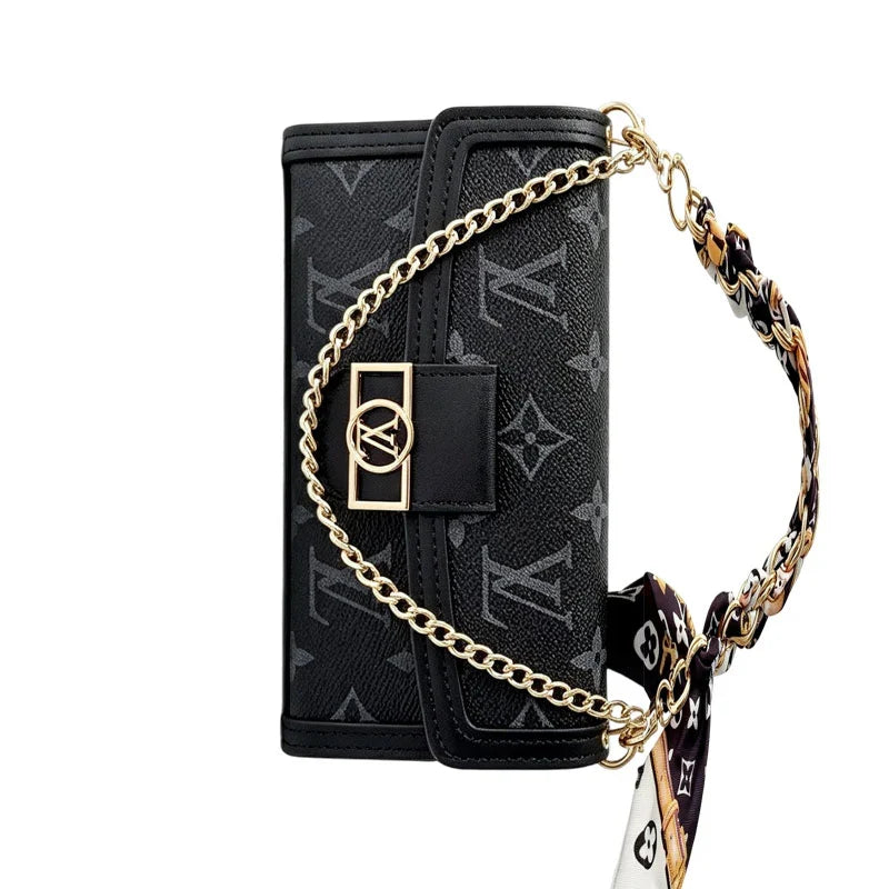Luxury Leather LV Phone Case with Flip Wallet and Chain For iPhone 12-18 Pro & Pro Max