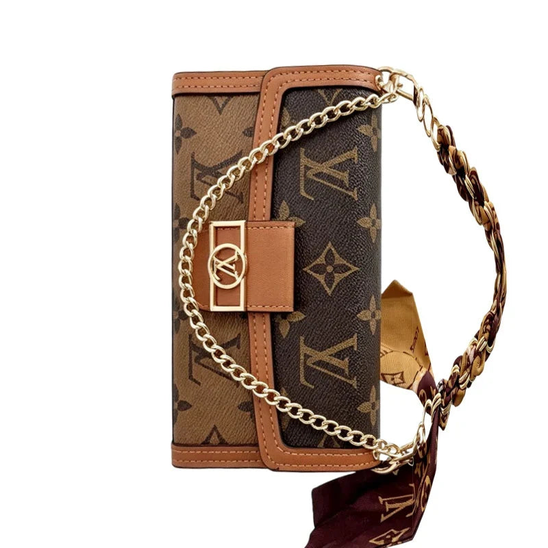 Luxury Leather LV Phone Case with Flip Wallet and Chain For iPhone 12-18 Pro & Pro Max