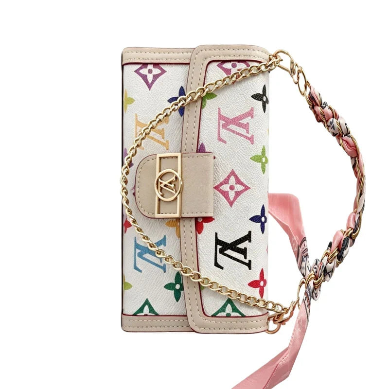 Luxury Leather LV Phone Case with Flip Wallet and Chain For iPhone 12-18 Pro & Pro Max