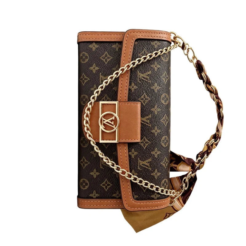 Luxury Leather LV Phone Case with Flip Wallet and Chain For iPhone 12-18 Pro & Pro Max