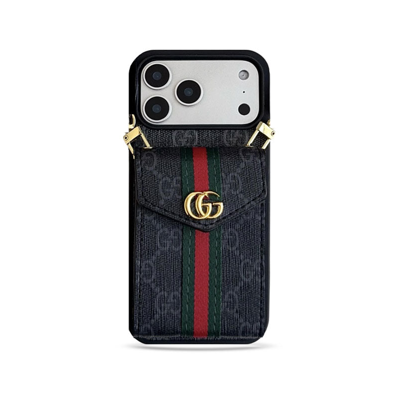GG Classic Leather Card Holder Case with Strap for iPhone 12-18 Pro & Pro Max