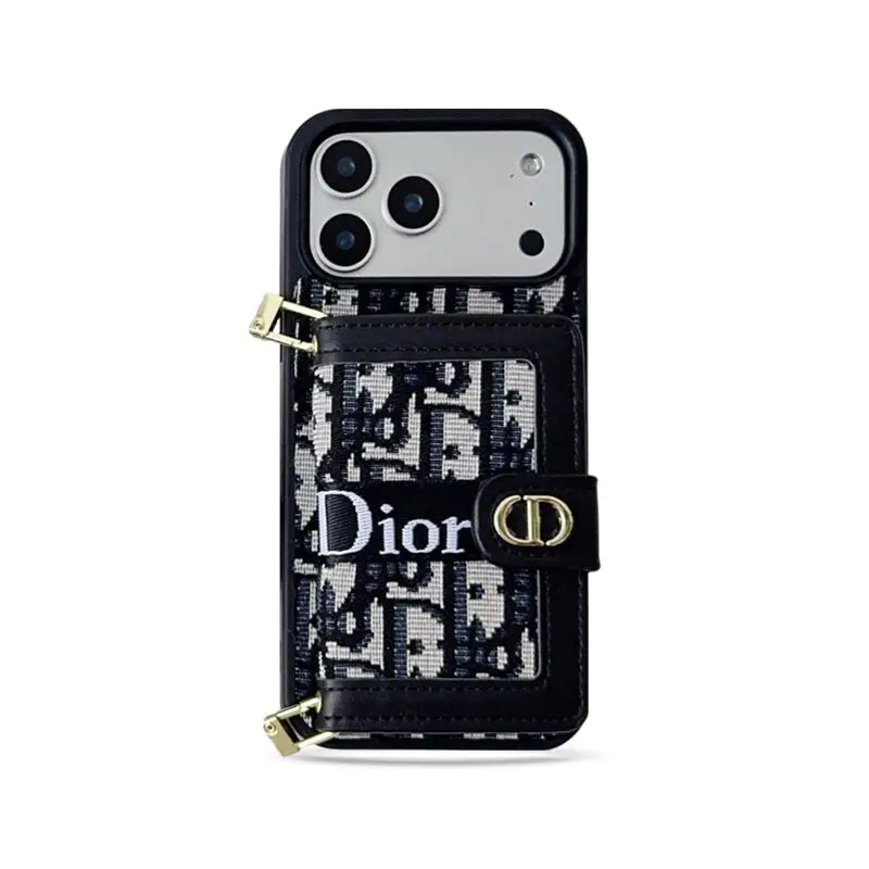 Dior Leather Phone Case with Card Wallet and Strap for iPhone 12-18 Pro & Pro Max