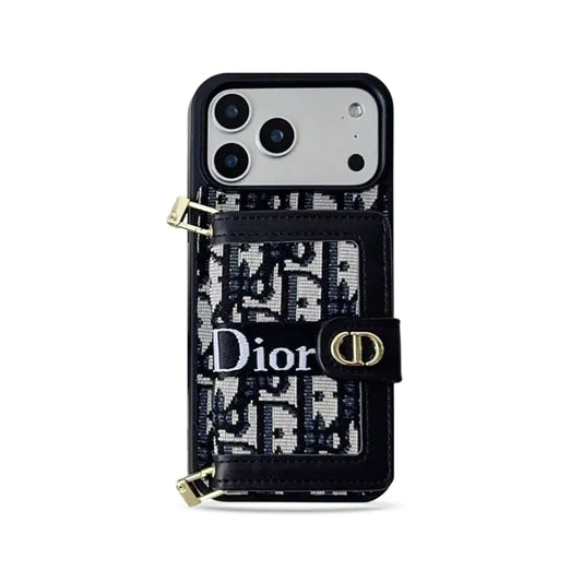 Dior Leather Phone Case with Card Wallet and Strap for iPhone 12-18 Pro & Pro Max