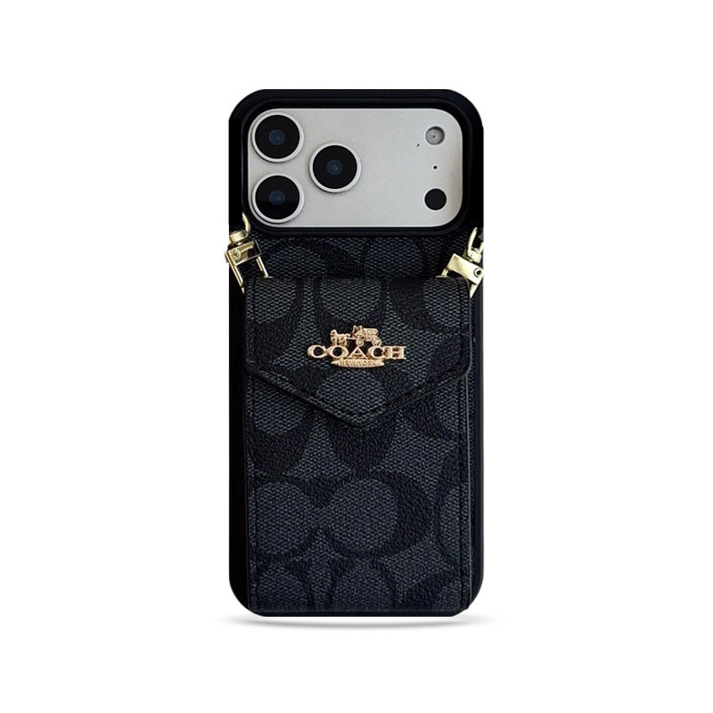 Leather Coach iPhone Case with Card Holder and Strap for iPhone 12-18 Pro & Pro Max