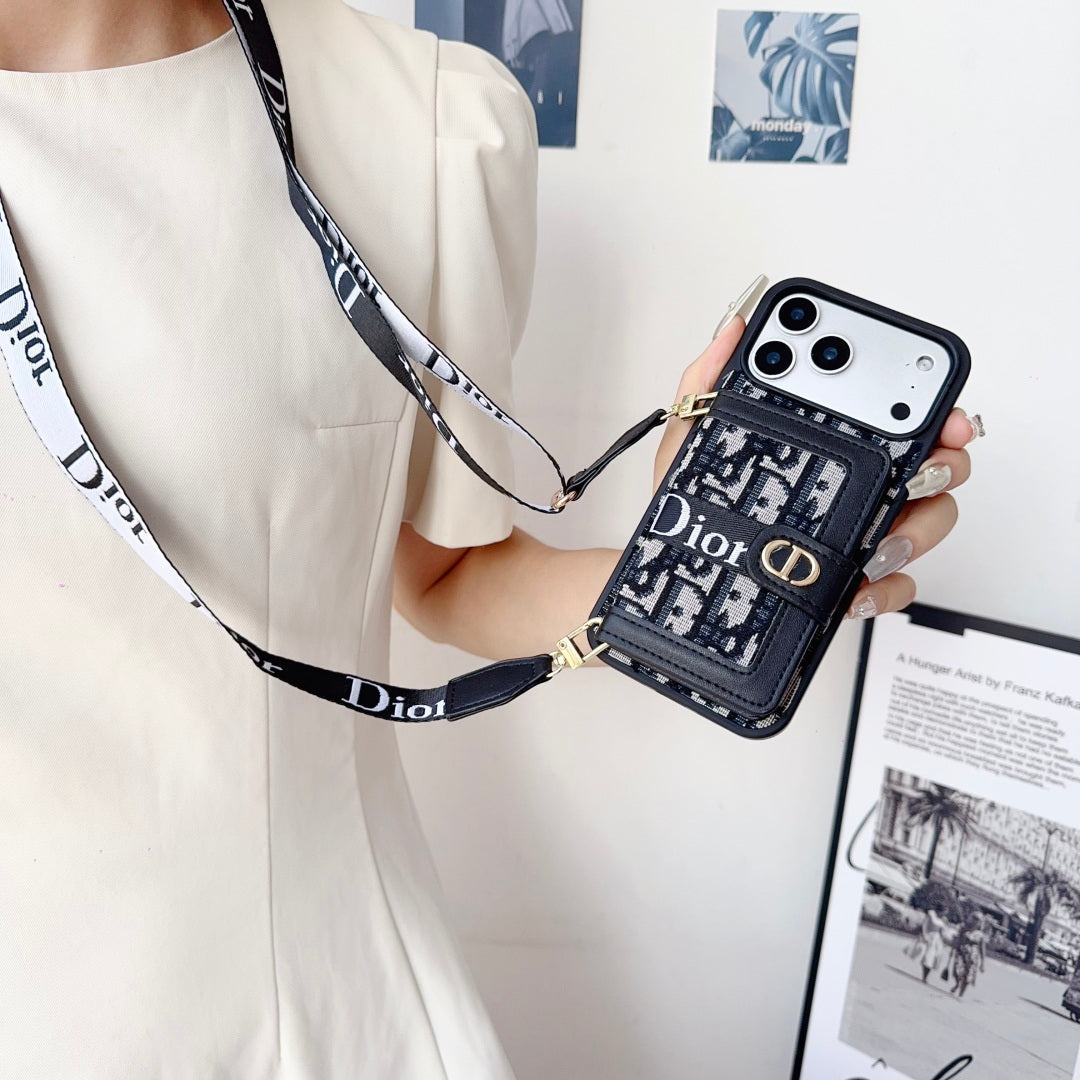 Dior Leather Phone Case with Card Wallet and Strap for iPhone 12-18 Pro & Pro Max