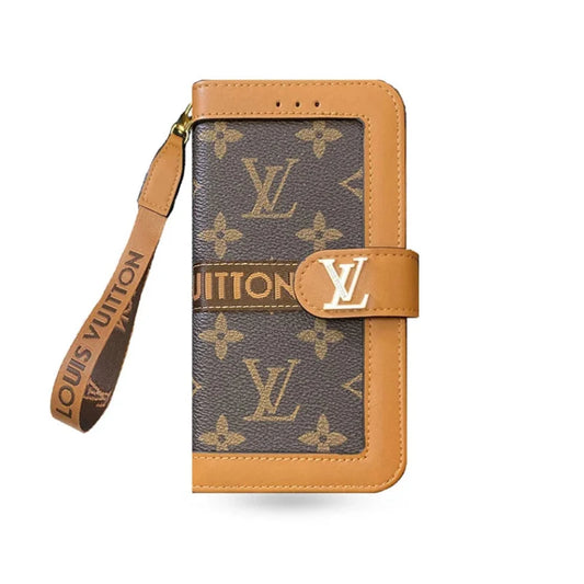 Leather Flip Monogram iPhone Case With Card Holder And Strap For iPhone 12-18 Pro & Pro Max