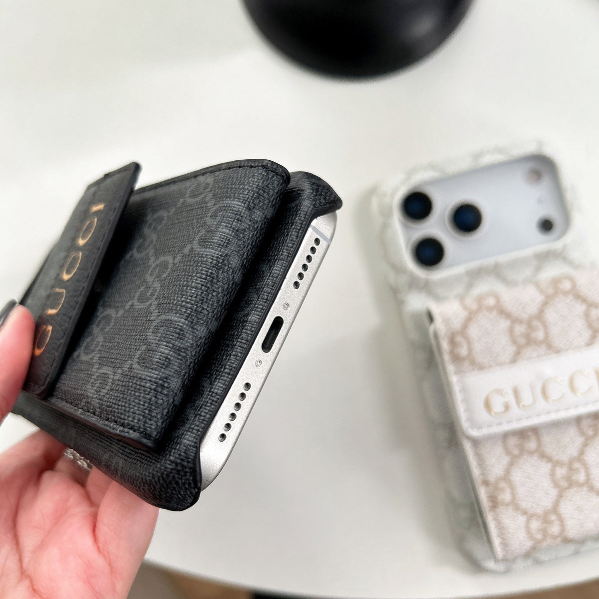 GG Stylish Leather Card Holder Case for iPhone 12-18 Pro & Pro Max
