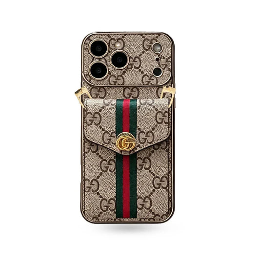Luxury Classic GG iPhone Case with Card Holder and Strap for iPhone 12-18 Pro & Pro Max