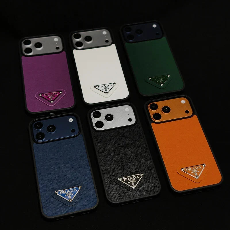 Premium Saffiano Leather Case with Metallic Badge for iPhone 12-18 Pro & Pro Max