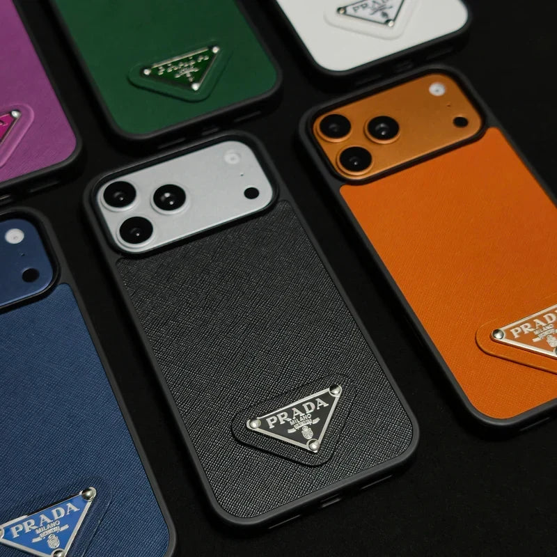 Premium Saffiano Leather Case with Metallic Badge for iPhone 12-18 Pro & Pro Max
