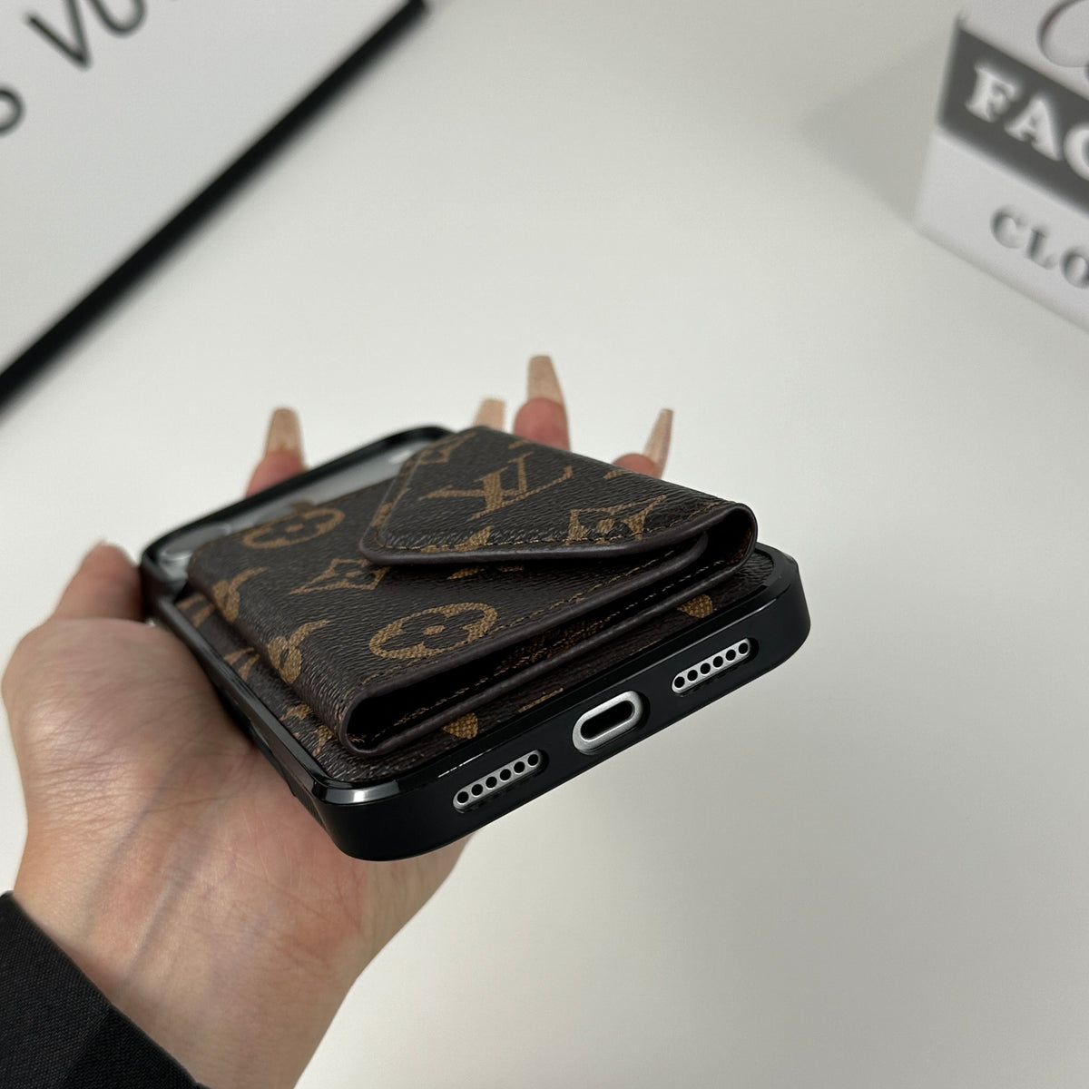 Classic Leather Monogram iPhone Case with Wallet Big Printing for iPhone 12-18 Pro & Pro Max