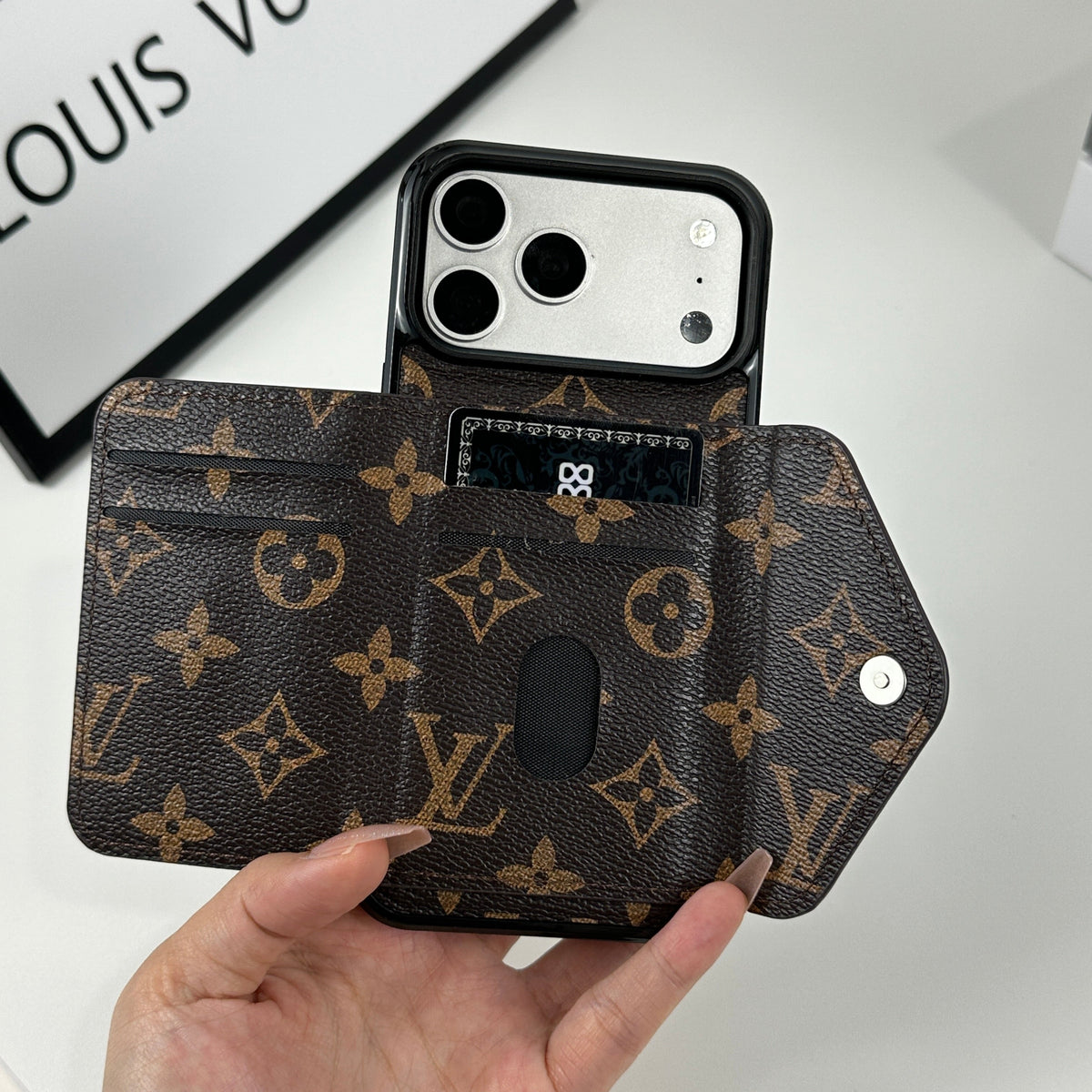 Classic Leather Monogram iPhone Case with Wallet Big Printing for iPhone 12-18 Pro & Pro Max