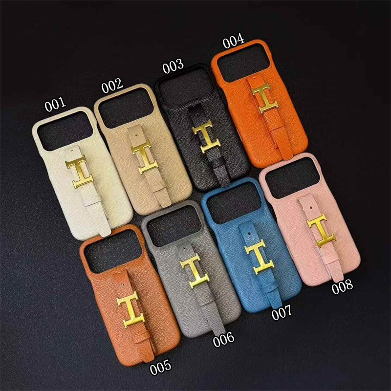 HRM Grain Leather Case with Gold H Buckle Strap for iPhone 13-18 Pro & Pro Max