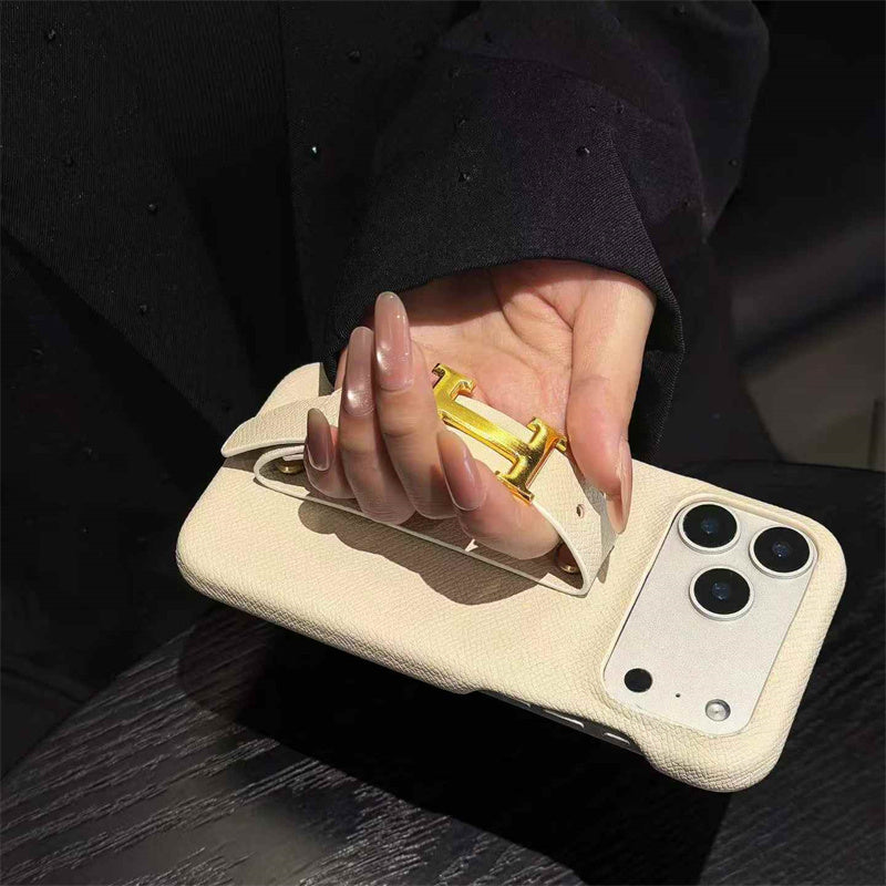 HRM Grain Leather Case with Gold H Buckle Strap for iPhone 13-18 Pro & Pro Max