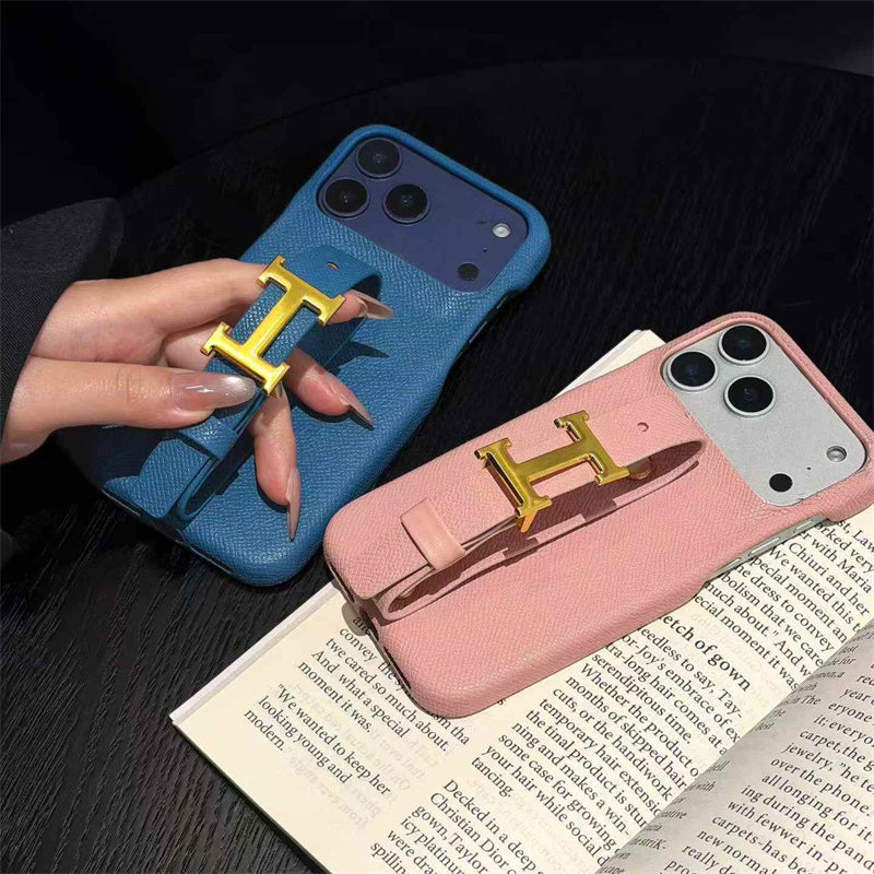 HRM Grain Leather Case with Gold H Buckle Strap for iPhone 13-18 Pro & Pro Max