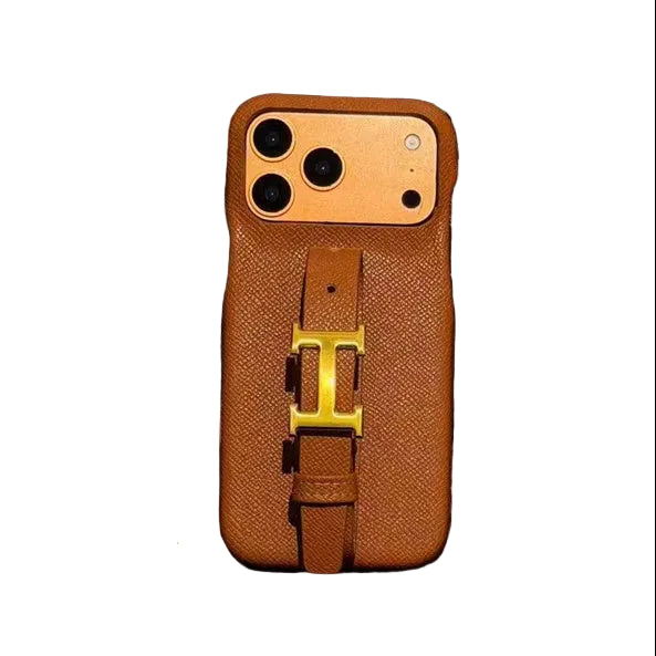 HRM Grain Leather Case with Gold H Buckle Strap for iPhone 13-18 Pro & Pro Max