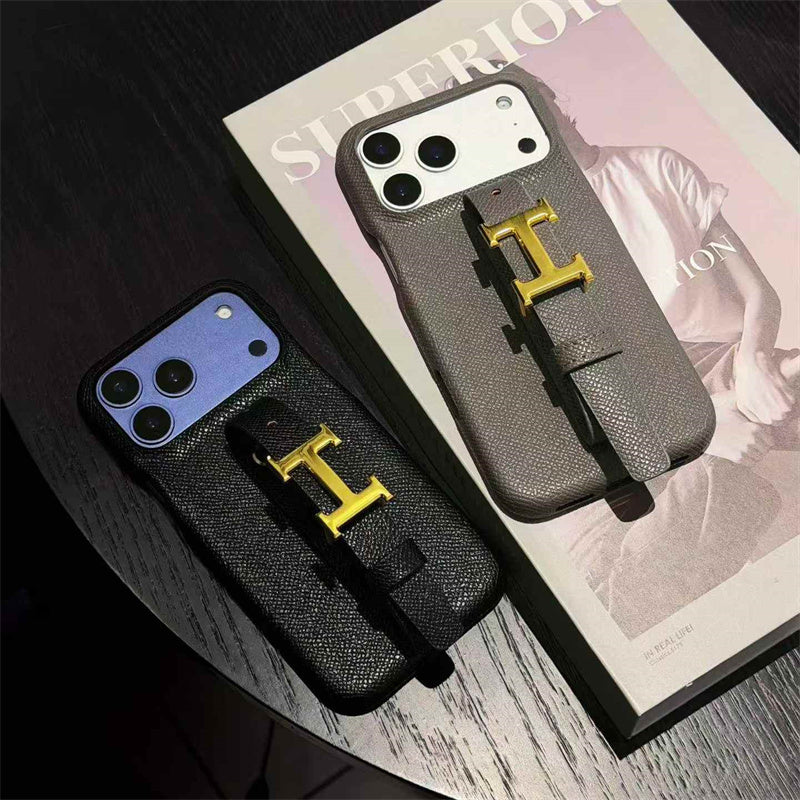 HRM Grain Leather Case with Gold H Buckle Strap for iPhone 13-18 Pro & Pro Max