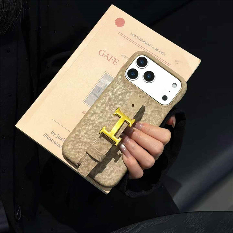 HRM Grain Leather Case with Gold H Buckle Strap for iPhone 13-18 Pro & Pro Max