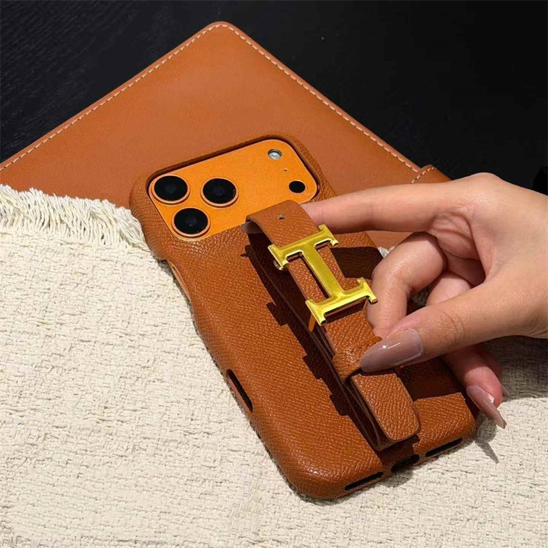 HRM Grain Leather Case with Gold H Buckle Strap for iPhone 13-18 Pro & Pro Max