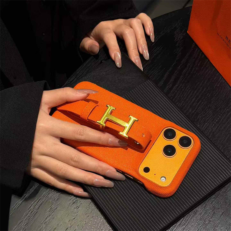 HRM Grain Leather Case with Gold H Buckle Strap for iPhone 13-18 Pro & Pro Max