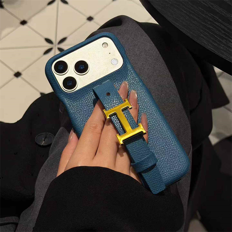 HRM Grain Leather Case with Gold H Buckle Strap for iPhone 13-18 Pro & Pro Max